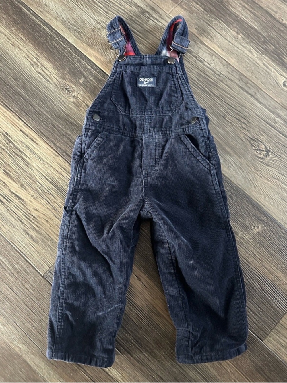 OshKosh B'gosh Dark Navy Corduroy Overalls plaid lined 18 mo boys